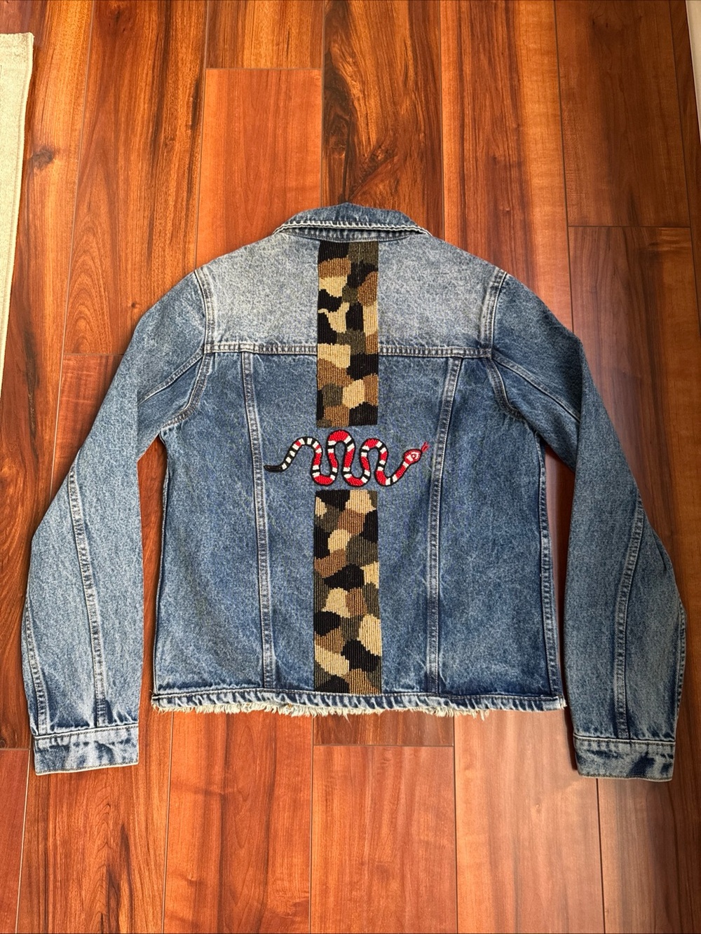 Stunning Statement Denim Jacket – Acid Wash with Snake & Camo Embellishments